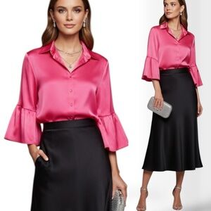 NWT FINLEY Naomi Satin Blouse Ruffle Bell Sleeve Fuschia Pink Medium